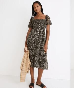 Madewell Seersucker Lucie Button-Front Smocked Midi Dress in Piccola Floral XS